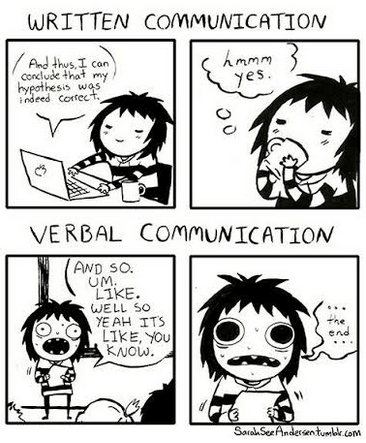 Comic of verbal vs written communication by Sarah See Anderson